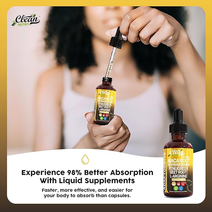 Clean Nutra Organic Maca Root Liquid Drops with Ashwagandha, Fenugreek, Beet Root and L-Arginine Liquid Multivitamin for Women and Men - Adapto Drive