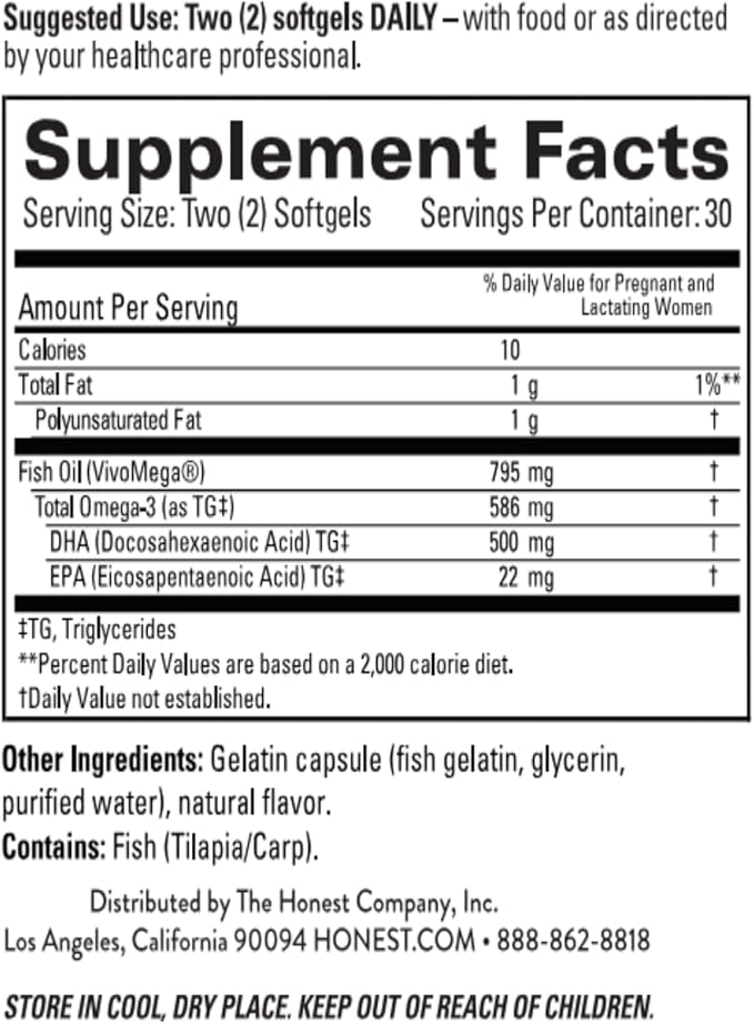 The Honest Company Think Ahead Pre + Postnatal DHA Supplement | NSF Certified, Non GMO Multivitamin | 60 Count Softgels