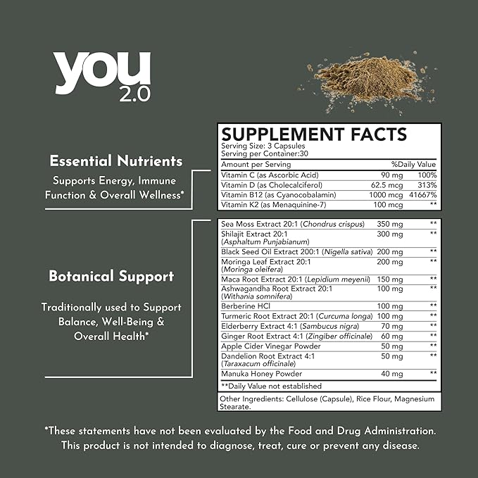 You2.0 Powerhouse Superfood with Seamoss, Shilajit, Ashwagandha, Berberine, Maca, Black Seed Oil, Turmeric, Vitamin C, D, B12, K2 - Moringa, Apple Cider, Made in USA for Overall Health & Immunity