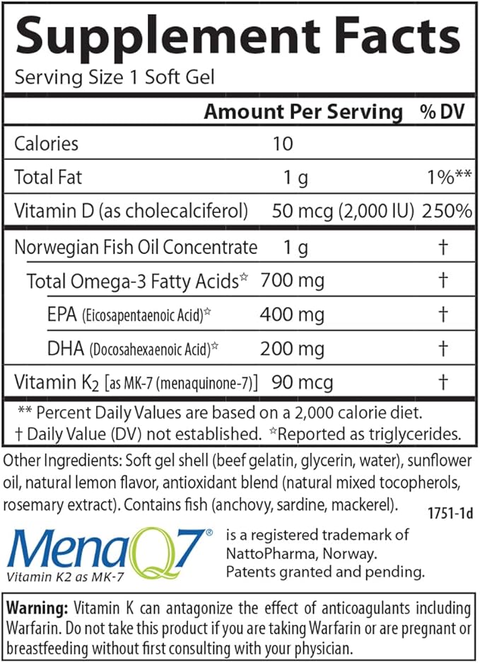 Carlson - Elite Omega-3 Plus D & K, 700 mg Omega-3s + D3 & K2, Function, Bone Health & Immune Support, Lemon, 60 Softgels