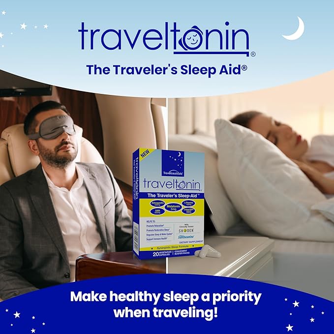 Travel Sleep Aid | Get Jet Lag Relief, Restorative Sleep, Immune Support | Flight, Hotel Essential | 5-in-1 Formula w/Melatonin, Ashwagandha, L-Theanine, GABA, Lemon Balm | 20 Capsules | Blister Packs