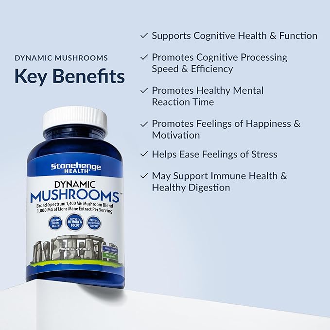 Stonehenge Health Dynamic Mushrooms - 100% Fruiting Bodies & Extracts - Lion’s Mane, Chaga, Maitake, Shiitake, Reishi - Nootropic Brain & Immune System Support - No Mycelium - 60 Veggie Capsules
