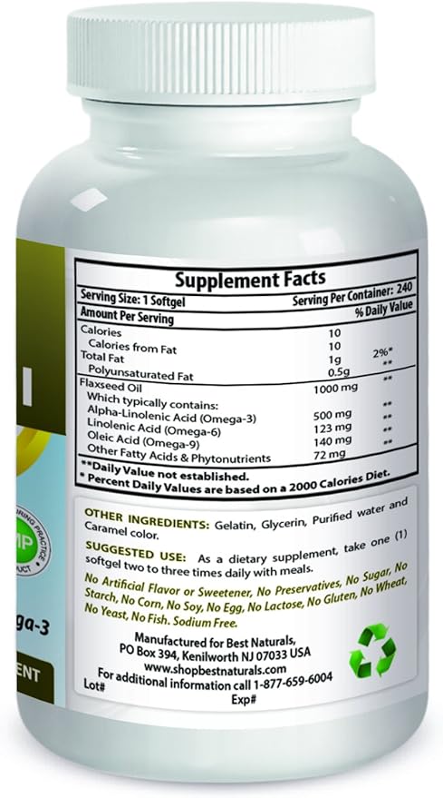 Best Naturals Flaxseed Oil 1000 mg 240 Softgels - Omega-3-6-9 for Heart Health