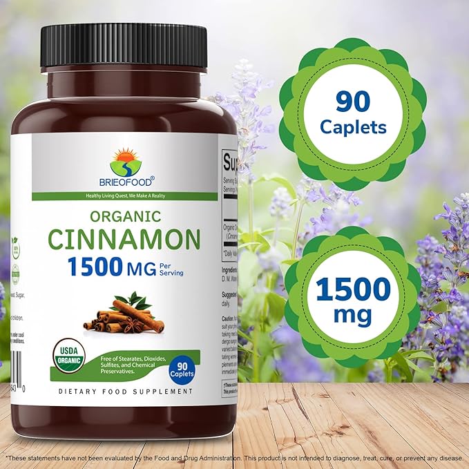 Brieofood Organic Cinnamon 1500mg, 45 Servings, Vegetarian, Gluten Free, 90 Vegetarian Tablets