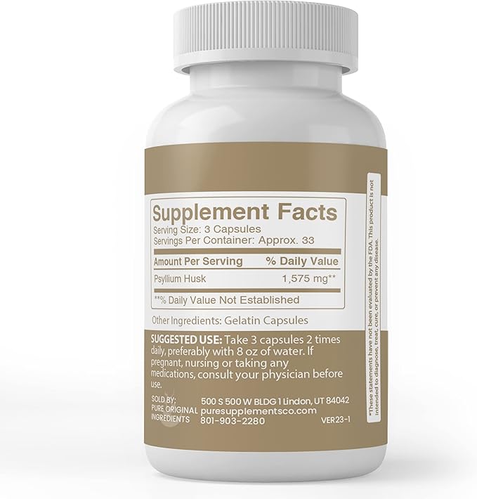 Pure Original Ingredients Psyllium Husk Capsules (100 Capsules) Fiber Powder Supplement, No Additives Or Fillers, Lab Verified