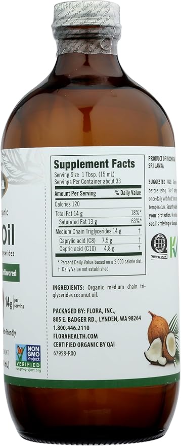 Flora - MCT Oil Certified Organic - Supports Muscle Energy & Brain Health - Contains C8 Caprylic Acid & C10 Capric Acid - Non-GMO, Gluten-Free, Vegan & Keto-Friendly - 17 fl. oz. Glass Bottle
