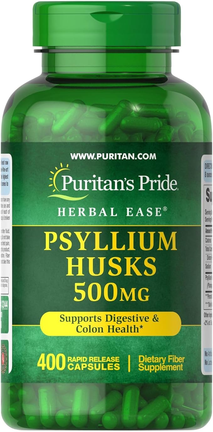 Puritan's Pride Herbal Ease® Psyllium Husks 500mg, Dietary Supplement for Digestive, Colon, and Heart Health Support, Daily Fiber Capsules, 2 Month Supply, 400 Rapid Release Capsules