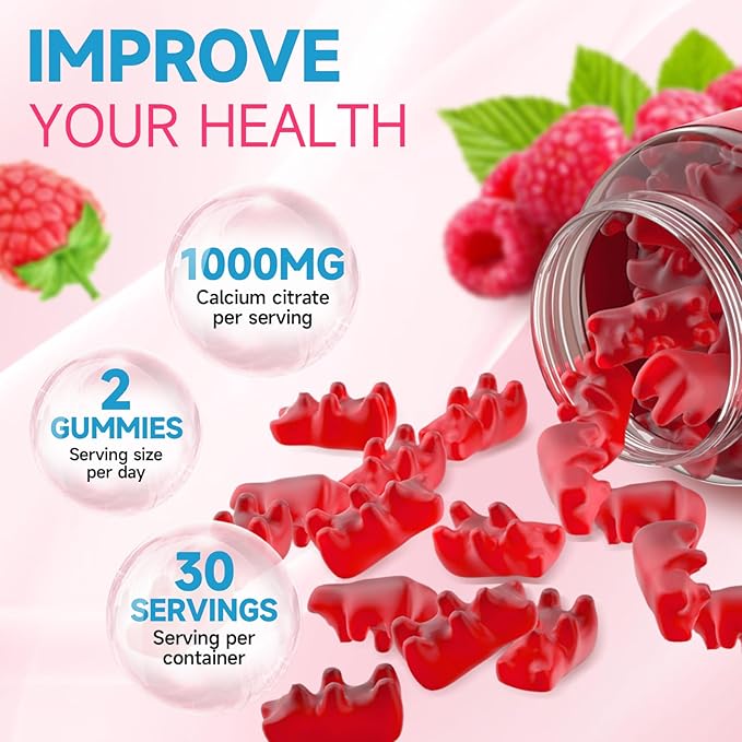 2 Pack Calcium Citrate Gummies, Sugar Free Calcium Citrate 1000mg for Muscle Healthy, Absorption Calcium Supplements for Adults & Kids, Raspberry, 120 Count