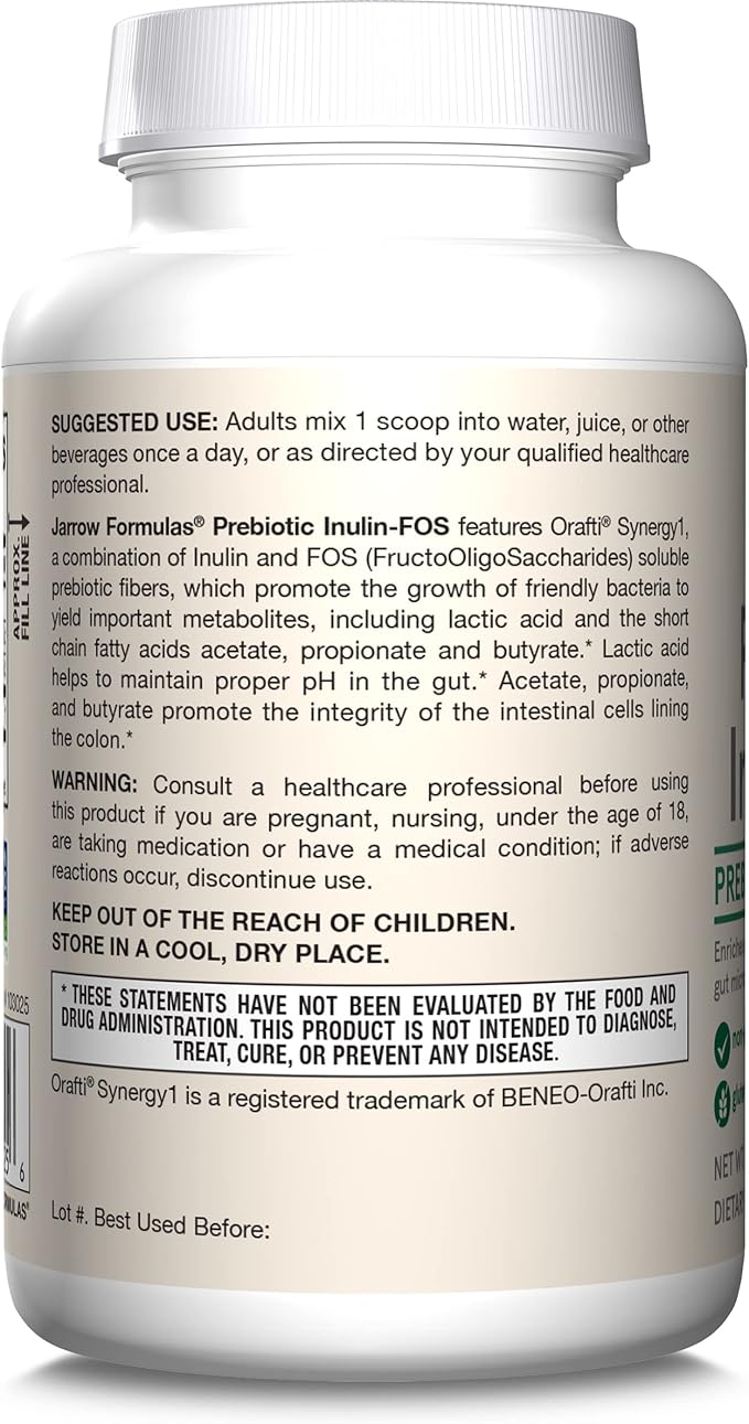 Jarrow Formulas® Prebiotic Inulin FOS Prebiotic Fiber Supplement, 6.3 Oz, Prebiotics for Gut Health and Digestive Support, Approx. 47 Servings