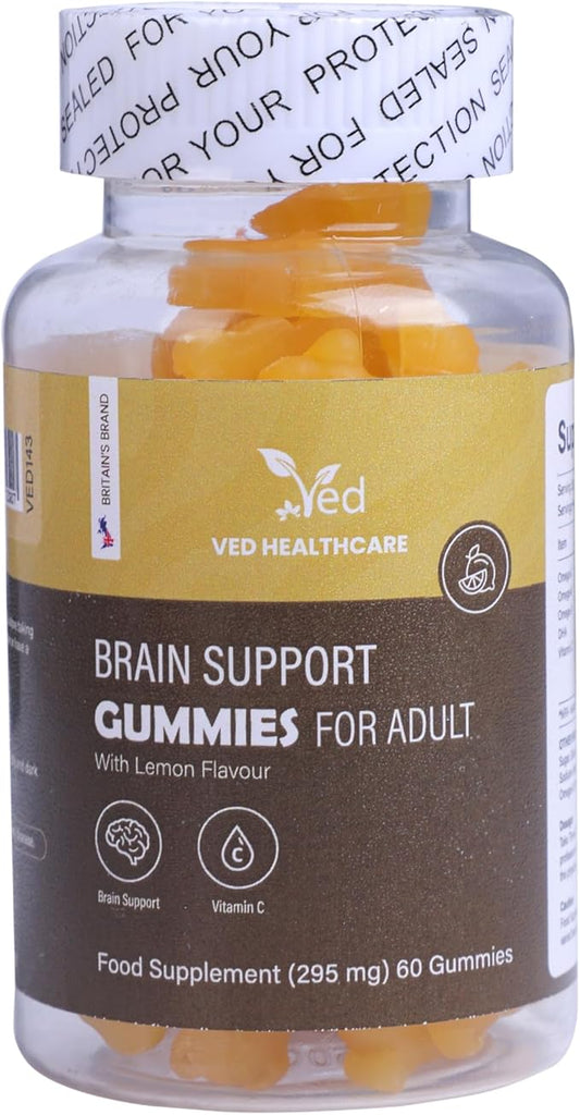 Ved Brain Support Gummies for Adult ; BSA Chews Lemon Flavour, Raw Unfiltered Omega 3-6-9 & DHA Gummies, Vegetarian Vegan Health Supplement for Men and Women- 60 Chews 20 Days’ Supply