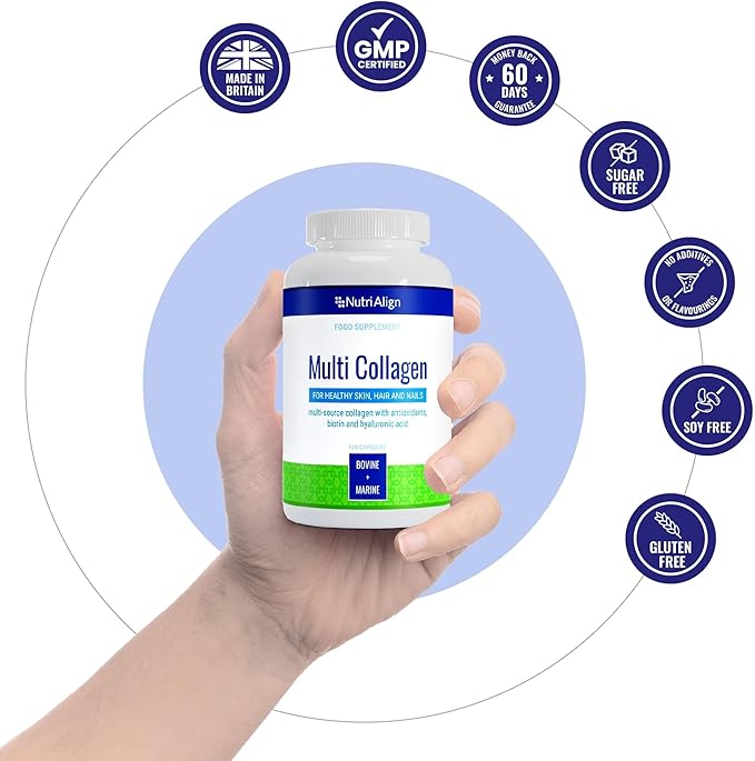 Nutri-Align Multi Collagen | 120 Collagen Peptides Capsules - 600mg Bovine Collagen & 400mg Marine Collagen per Serving | Collagen for Women Hair, Skin & Nails with Vitamins & Amino Acids | Sugar Free