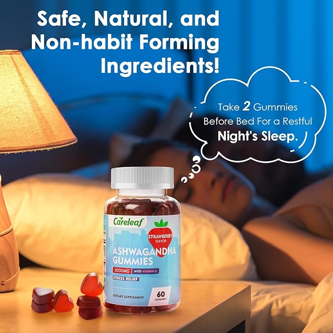 Vegan Ashwagandha Gummies-3000mg High Potency Ashwagandha Root Extract with Vitamin D2 | Strawberry Flavor | 60 Cts/Bottle