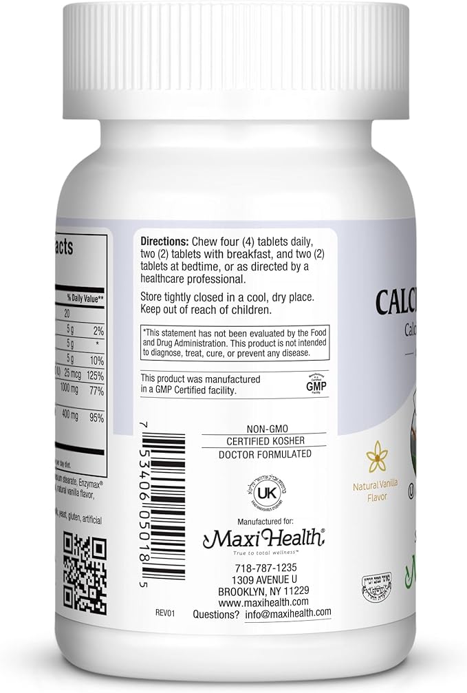 Maxi Health Chewable Calcium Complex - Support Healthy Bones - Vanilla Flavor - 180 Chewies - Kosher
