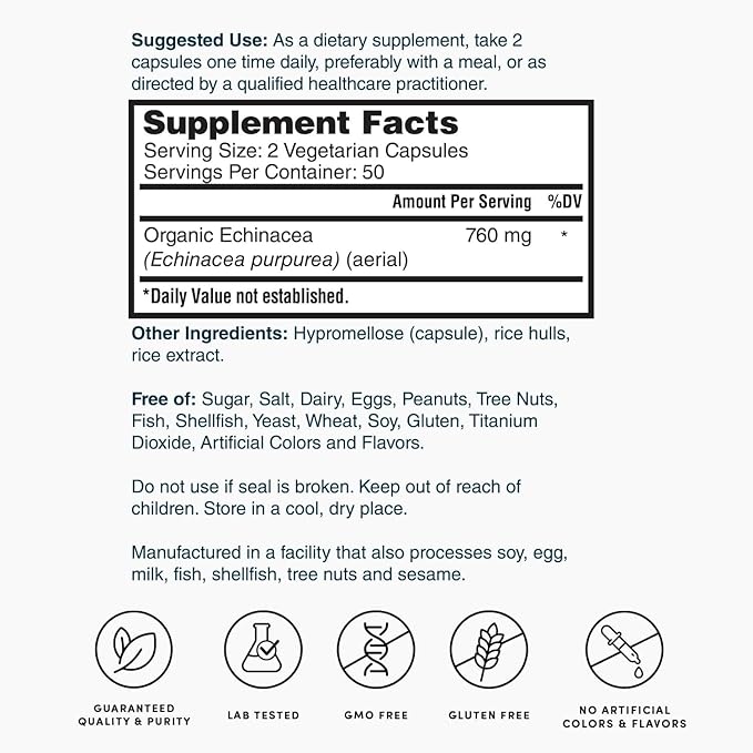 Nature's Lab Echinacea 760mg Dietary Supplement - Powerful All Natural Immune System Support - Non-GMO, Gluten Free - 100 Capsules (50 Day Supply)