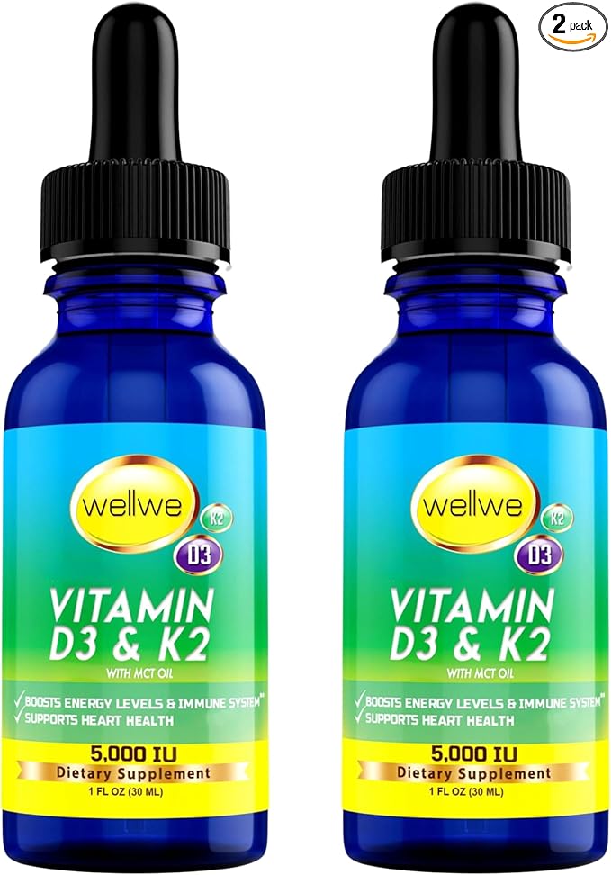 2 Bottles Liquid Vitamin D3 K2 Drops 5000 IU with MCT Oil - Vegan Liquid Vitamin D Supplement to Boost Energy Levels, Mood and Immune System, Unflavored, No Odor, Gluten-Free, Non-GMO, 2 Fl Oz