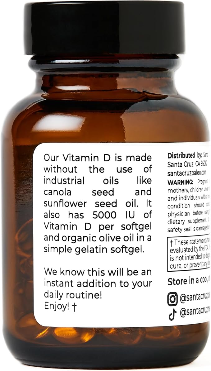 Santa Cruz Paleo Vitamin D Supplement, Bone Health & Immune Support, 5000 i.u. Per Softgel, Gluten Free, Keto, Sugar Free, Paleo, Vitamin D3, Olive Oil for Absorption, Natural Ingredients, 60 Softgels