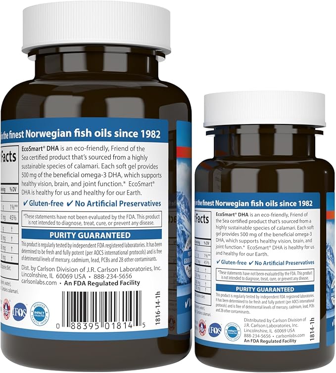 Carlson - EcoSmart DHA, 500 mg DHA, Sustainable Source, Healthy Vision & Brain Function, Lemon, 60+20 Softgels