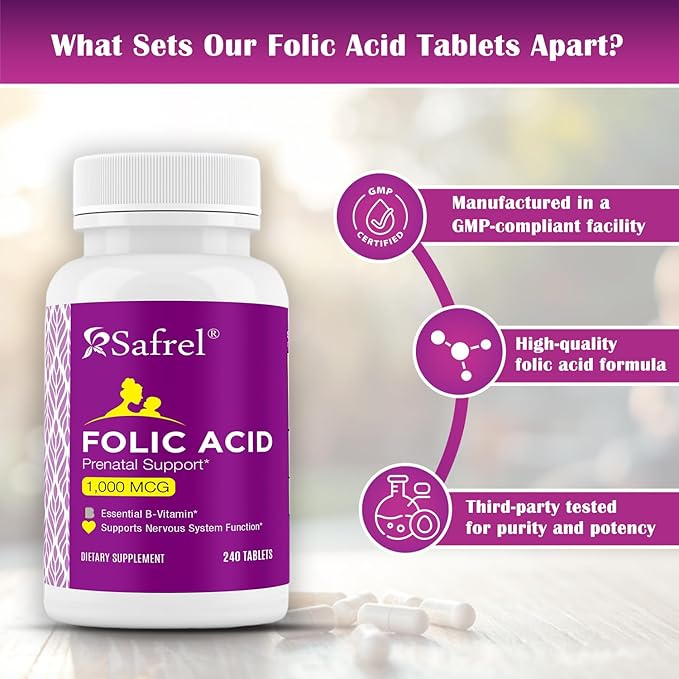 Safrel Folic Acid 1000 mcg (1 mg) - Vitamin B9-240 Tablets, Essential Prenatal and Postnatal Vitamin for Fetal Development, Red Blood Cell Production, Cell and Neural Development | Non-GMO, Vegan