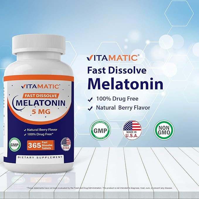 Vitamatic Melatonin 5 mg Tablets | Vegetarian, Non-GMO, Gluten Free | 1 Year Supply | Natural Berry Flavor - 365 Tablets