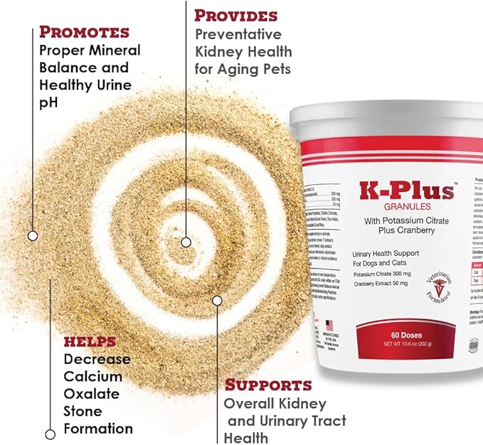 K-Plus Potassium Citrate + Cranberry Granules for Dogs & Cats – Vet-Approved UTI & Bladder Health Support – Helps Maintain Urinary Balance & Kidney Function – Easy-to-Use Granules – 60 Doses
