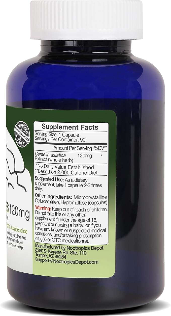 Nootropics Depot Gotu Kola Extract Capsules | 120mg | 90 Count | Acid Resistant | Centella asiatica | 35-45% Triterpenes | Supports Healthy Stress Levels | Promotes Memory Enhancement