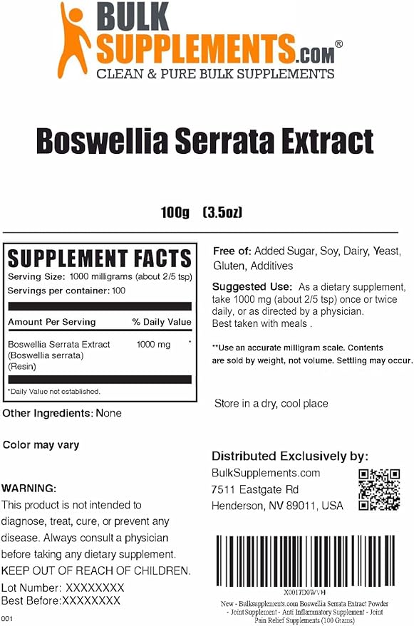 BulkSupplements.com Boswellia Serrata Extract Powder - from Frankincense Resin, Boswellia Serrata Powder - Herbal Supplement, Gluten Free, 500mg per Serving, 100g (3.5 oz) (Pack of 1)