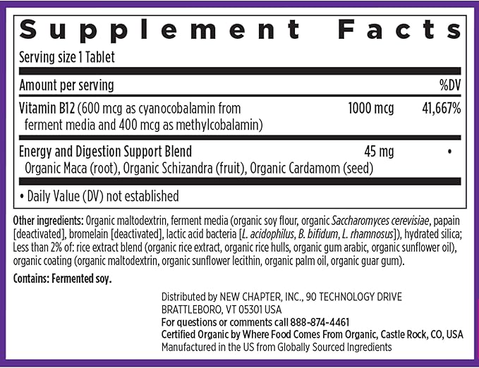 New Chapter Fermented Vitamin B12 1,000 mcg, USDA Organic, ONE Daily for Cellular Energy + Healthy Blood Cells, Certified Vegan, Gluten Free - 60 Count