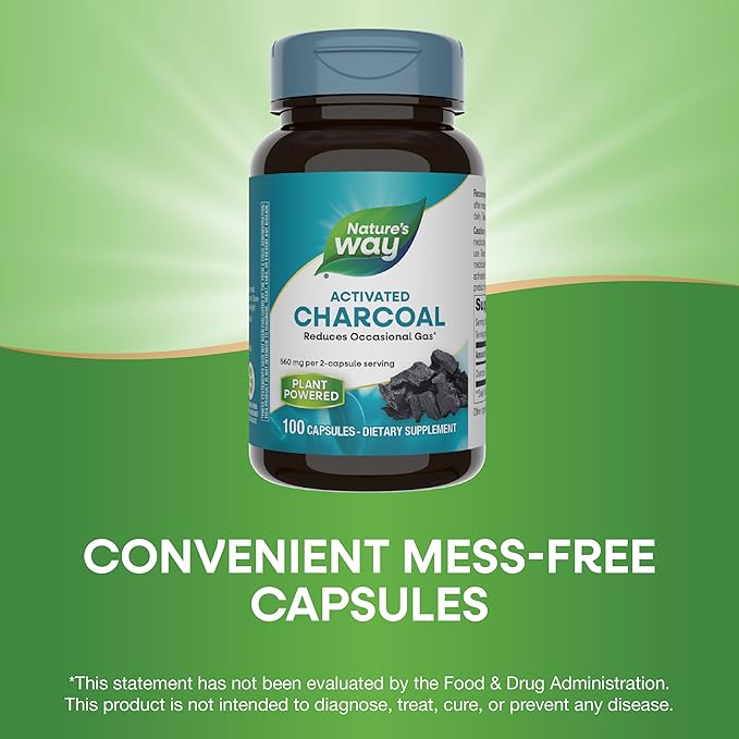 Nature's Way Activated Charcoal, Binds Unwanted Materials and Gas in the Digestive Tract*, 560 mg per 2-Capsule Serving, 100 Capsules (Packaging May Vary) - 2 Pack