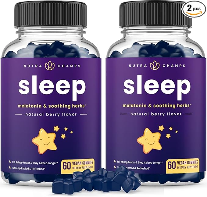 NutraChamps Sleep Gummies for Adults & Kids, Melatonin Gummies with Chamomile, Valerian & L Theanine, Vegan Childrens Melatonin 3mg, 1.5 mg, or 6mg (Pack of 2, 120 Gummy)