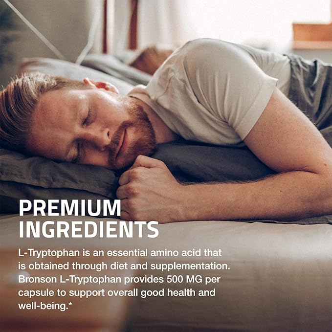 Bronson L-Tryptophan 500 MG High Potency Essential Amino Acid Supports Relaxation & Positive Mood Support Non-GMO, 60 Capsules