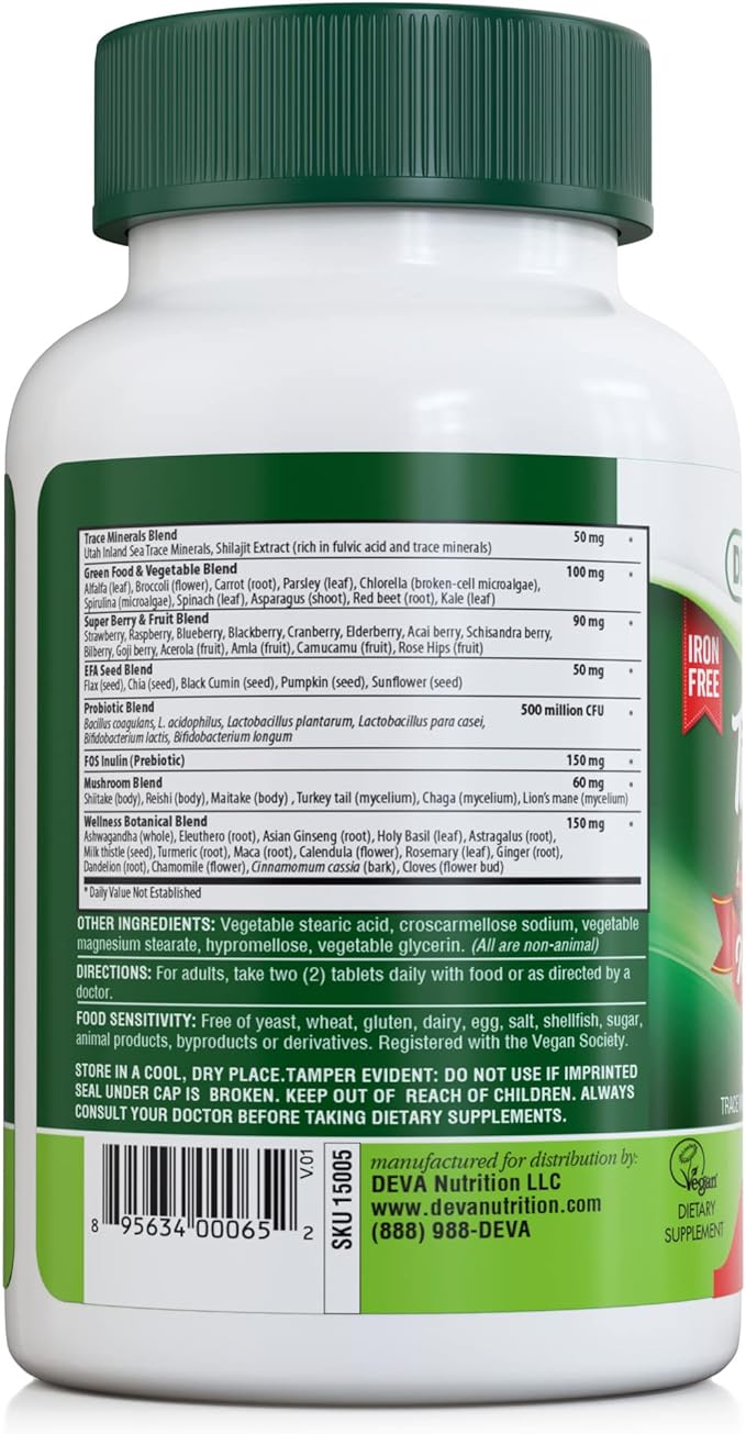 DEVA Tuba Prime Vegan Multivitamin Iron-Free - High-Potency Vitamin & Mineral Dietary Supplement - Antioxidants, Fruit & Vegetable Blend, Super Mushrooms, Probiotics, Prebiotics, Seeds, Herbs 90 Tabs