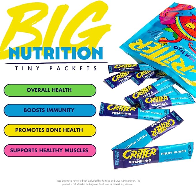 Critter Vitamin H2O – Kids’ Hydration & Multivitamin Drink Mix – Electrolytes, Essential Vitamins, Delicious Natural Flavors – 30 Single-Serve Packets