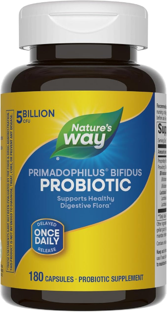 Nature's Way Primadophilus Bifidus Probiotic, Supports Digestive Flora*, 5 Billion Live Probiotic Cultures per Capsule, Lactobacilli, Bifidobacteria, 180 Capsules (Packaging May Vary)