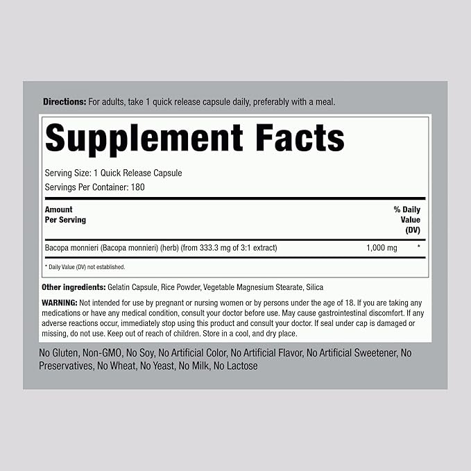 Piping Rock Bacopa Monnieri Supplement 1000mg | 180 Capsules | Herbal Extract |Non-GMO & Gluten Free
