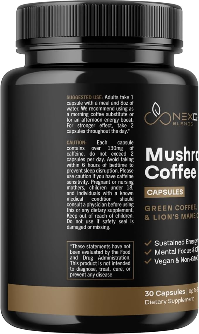 100% Organic Mushroom Coffee Capsules - Natural Energy Supplement with 130mg Caffeine from Clinically Proven Patented Green Coffee Bean & Guayusa Extracts for Jitter-Free Energy & Focus (30 Servings)