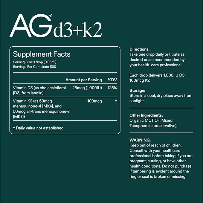 AG1 Vitamin D3 K2 Drops, 1000IU of Vitamin D3 and 1000mcg of K2 per Serving, Supports Bone Density and Calcium Absorption (Athletic Greens)