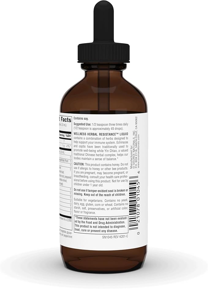 Source Naturals Wellness Herbal Resistance Liquid Immune Defense Supplement and Immunity Booster with Echinacea, Elderberry and Yin Chiao - 4 Fluid Oz