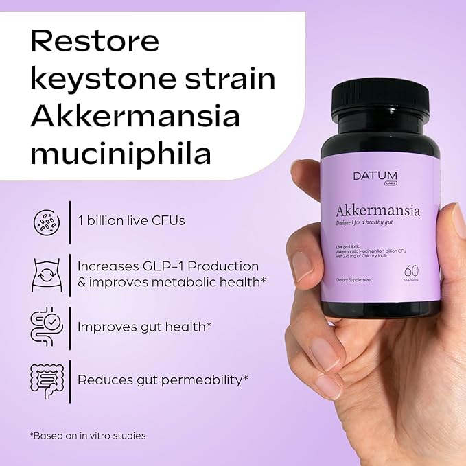 Akkermansia Muciniphila Probiotic + Prebiotic Supplement - Increases GLP-1 Production, Delayed Release, Third-Party Tested, Shelf Stable, 1Bn CFU (60 Acid-Resistant Capsules)