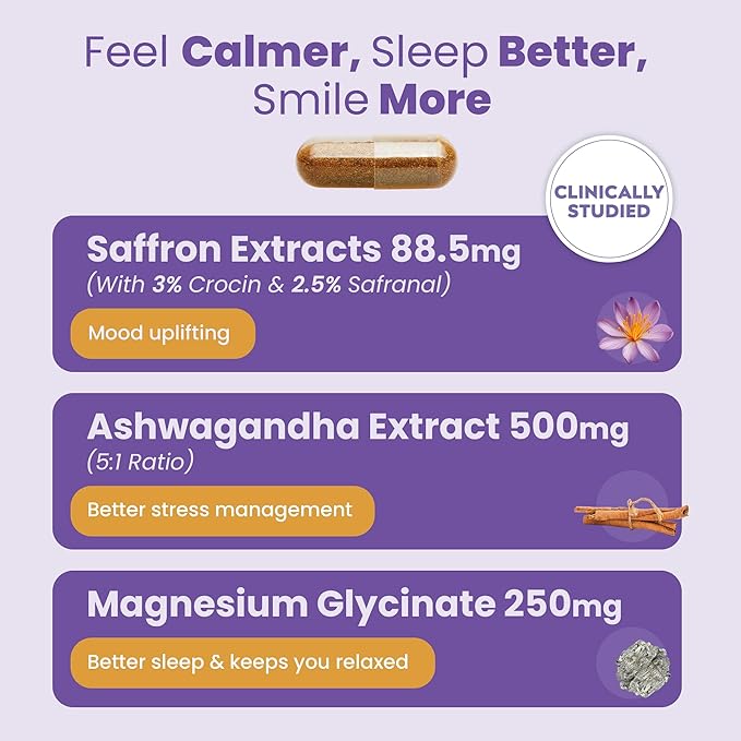 Saffron Supplement 88.5 mg Extract with Ashwagandha & Magnesium – Support Mood Enhacement, Eye Health & Relaxation – 60 Clean Capsules, Made in USA