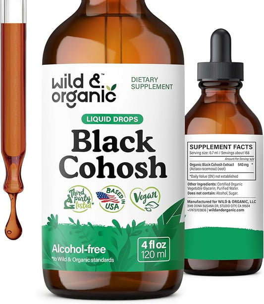 Wild & Organic Black Cohosh Tincture 540 mg - Herbal Supplements for Women - Black Cohosh Root Extract - 5-Month Supply - Vegan, Sugar & Alcohol-Free Liquid Drops - 4 fl oz