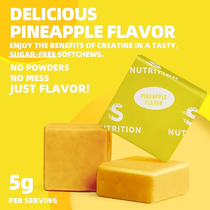 Creatine Monohydrate Soft Chews 5g for Men & Women, Preworkout Gummy with Electrolyte for Muscle Growth, Strength & Energy Support, Pineapple 60 pcs