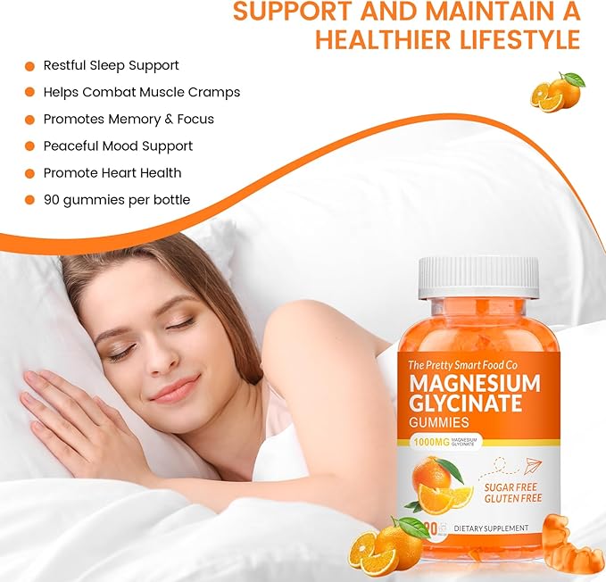 Magnesium Glycinate Gummies 1000mg - 90 Ct | Magnesium Potassium Supplements for Relaxation, Stress Relief, with Vitamin D, B6, CoQ10 for Calm Mood & Sleep Support - Orange Gummies
