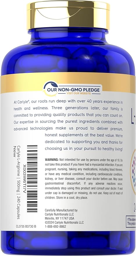 Carlyle L-Arginine 500mg Capsules | 240 Count | Free Form | Non-GMO & Gluten Free Supplement