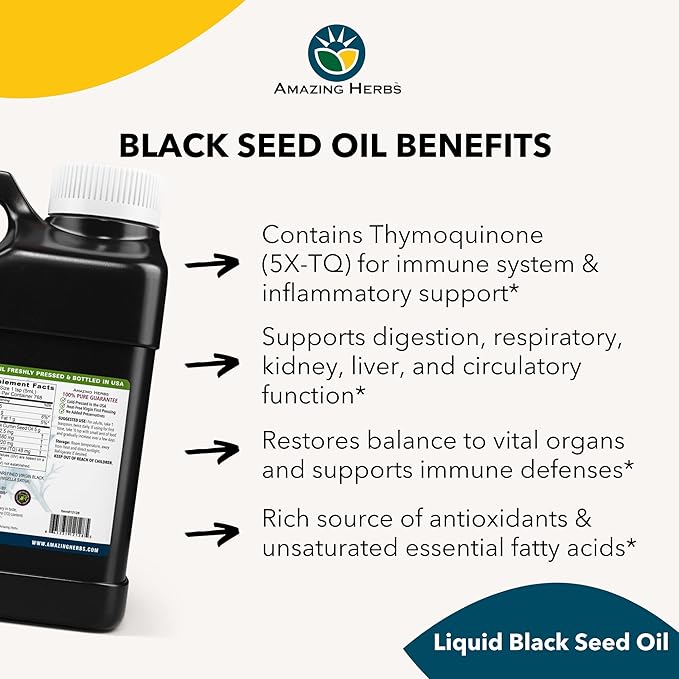 Amazing Herbs Premium Black Seed Oil - Gluten Free, Non GMO, Cold Pressed Nigella Sativa Aids in Digestive Health, Immune Support, Brain Function - 128 Fl Oz