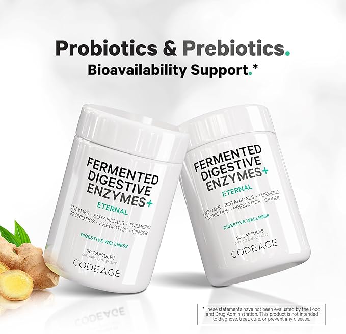 Codeage Fermented Digestive Enzymes Supplement 3-Month Supply - 14 Digestive Enzymes, Probiotics, Prebiotics, Fermented Botanicals, Plant-Based Multi Pancreatic Enzymes - 1 Capsule a Day - 2-Pack
