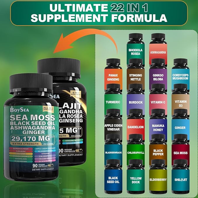Boysea.Shilajit and Sea Moss Bundle - 90 Count - Sea Moss 7000mg, Black Seed Oil 4000mg, Ashwagandha 2000mg, Ginger & Shilajit 9000mg, Rhodiola Rosea 1000mg, All in 1 Supplements (2 Pack)