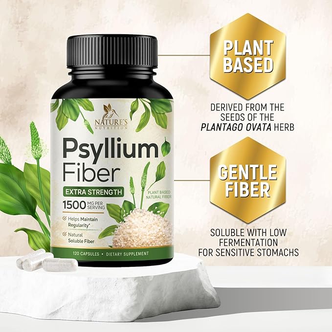 Psyllium Husk Fiber Supplement 1500mg, Natural Daily Soluble & Insoluble Fiber Pills, Psyllium Husk Powder Capsules Supports Digestion Colon Health & Regularity, Plant Based Supplement - 120 Capsules