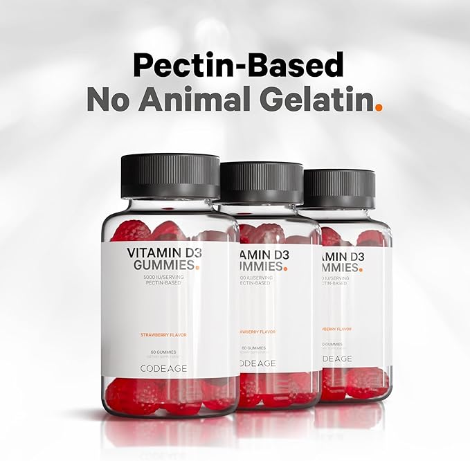 Codeage Vitamin D3 Gummy Vitamins, Vitamin D3 5000 IU Gummies Cholecalciferol 125 mcg - 2-Month Supply - Soft Pectin-Based, Animal Gelatin-Free Vitamins Gummy, Strawberry, Gluten-Free - 60 Gummies