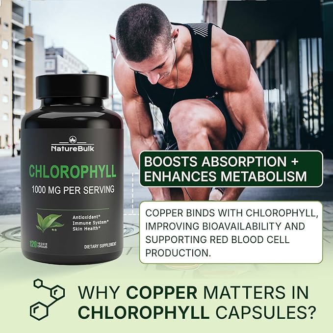 Chlorophyll Capsules 1000mg - 100% Natural Potency Concentration for Women & Men, Gut Health, Skin Support - Natural Energy Booster, 120 Capsules