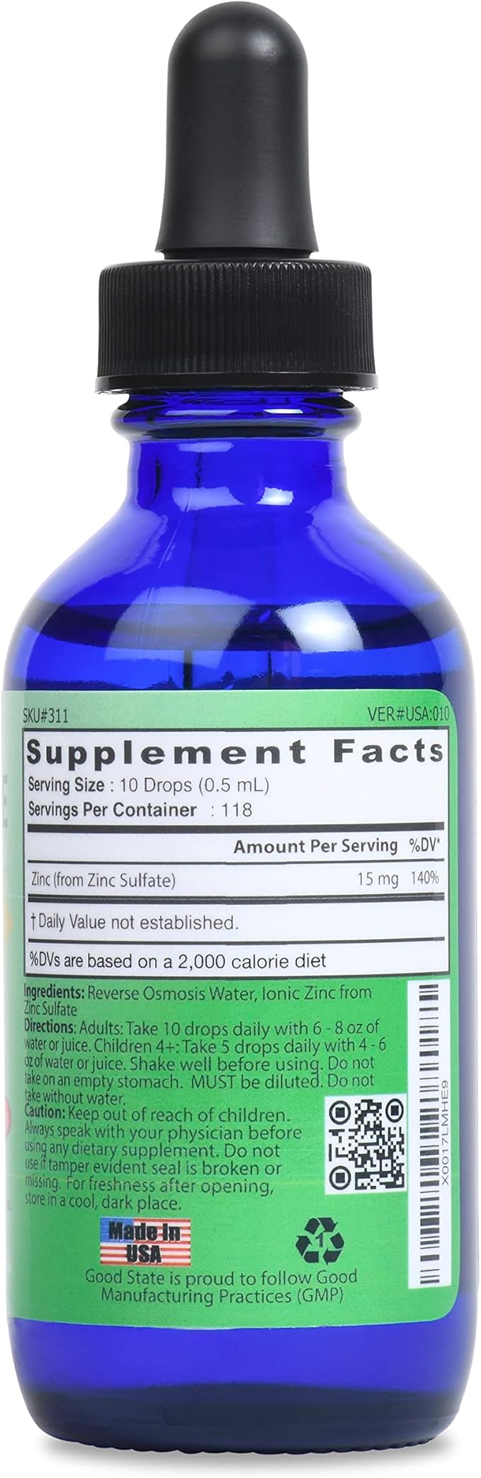 Good State Natural Ionic Zinc | Liquid Concentrate | Nano Sized Mineral Technology | Professional Grade Dietary Supplement | 1.6 fl oz Glass Bottle (50 mL)